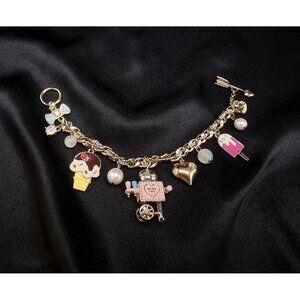 Rare Find Betsey Johnson Gold-Tone Charm Bracelet With Ice Cream Robot Bow